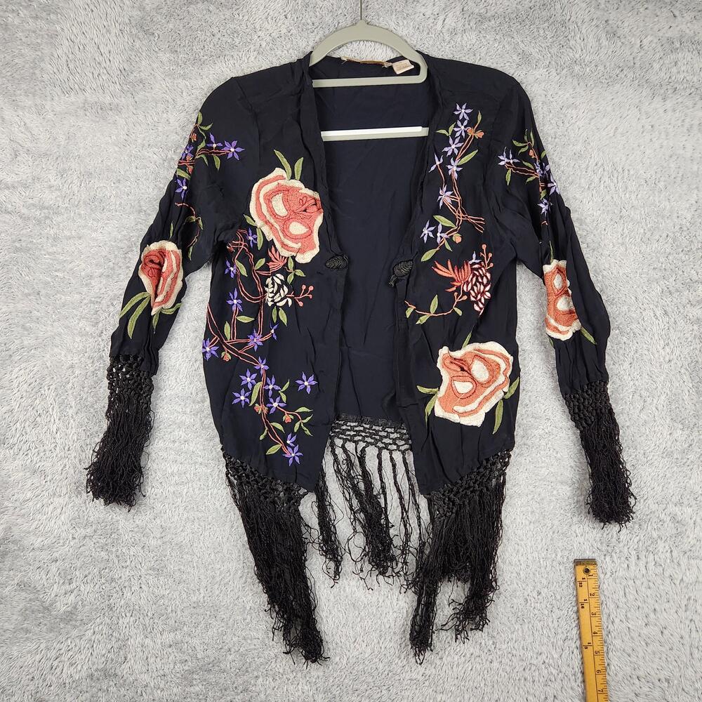Monroe & Main Jacket Womens Medium Black Embroidered Floral Fringe Kimono 90s